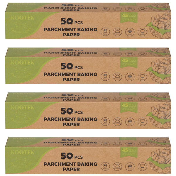 Four boxes of Kootek 4 Pack – Parchment Paper Baking Sheets, 12 x 16 inch, 50 sheets each—essential kitchen accessories with green-accented packaging and baking icons.